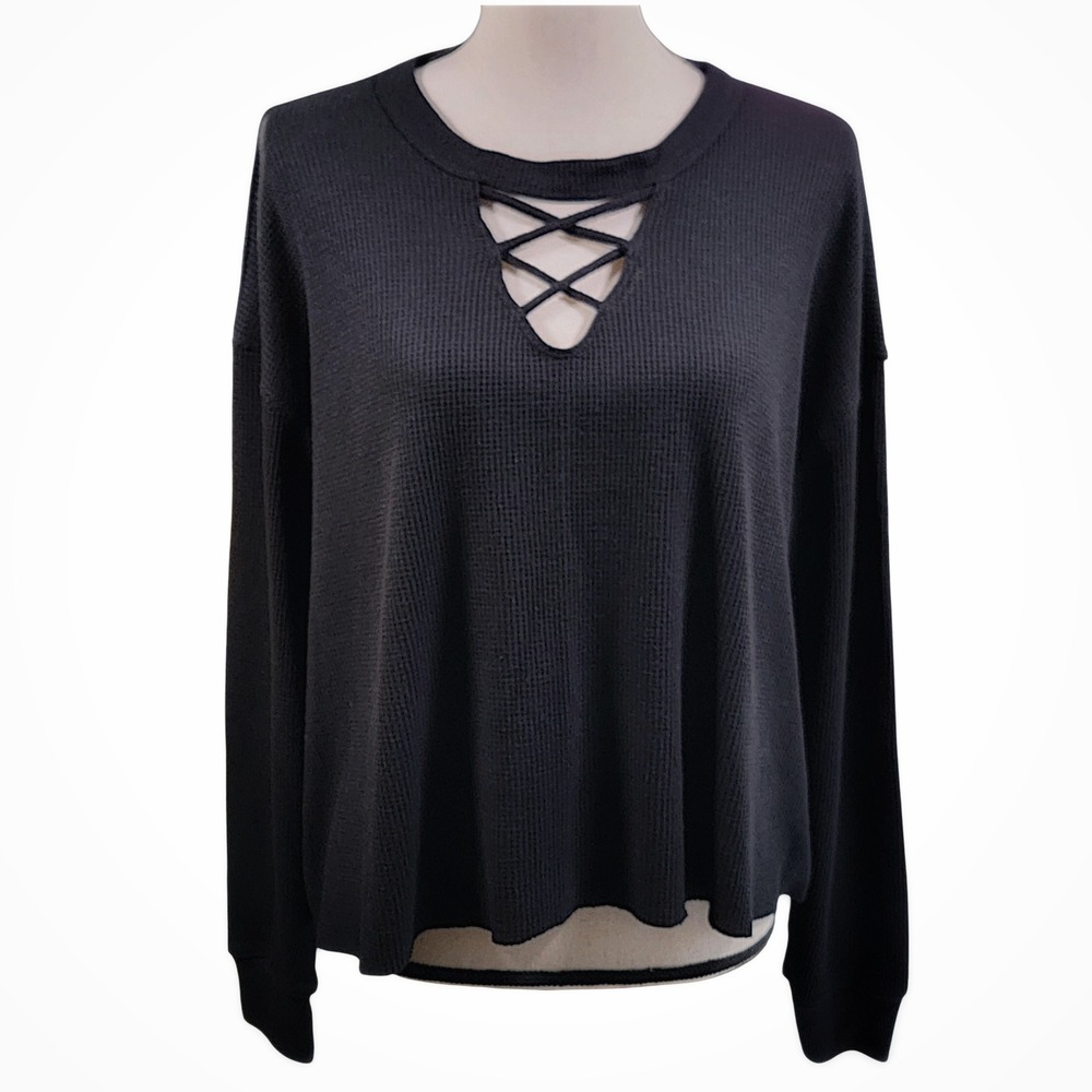 Hollister Must Have Collection‎ Top Womens Sz M Black Waffle Knit Lace Up Shirt